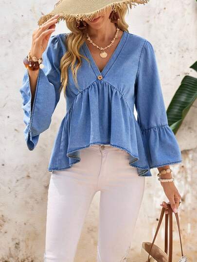 EMERY ROSE 女士休闲荷叶边喇叭袖牛仔衬衫