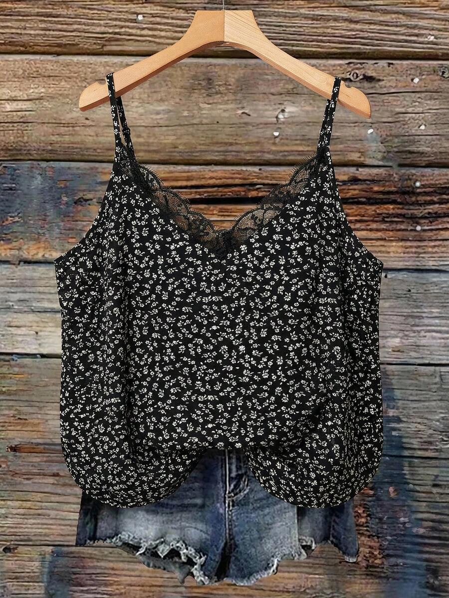 SHEIN LUNE 大码女式撞色蕾丝碎花吊带背心