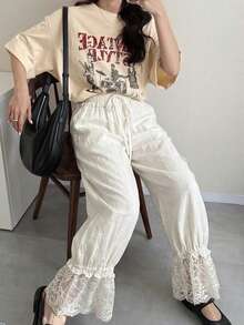 Livesso Women's Lace Patchwork Cream White Casual Pants,Drawstring Waist Boho Summer Holiday Vacation,Spring Picnic Beach,Music Festivals Wedding Commuting - White - View 8
