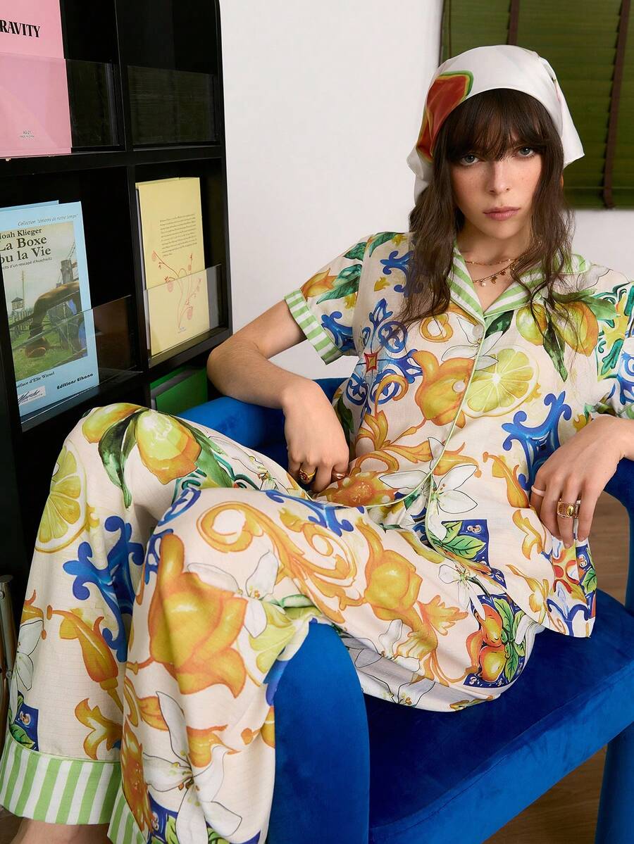 Chillnights Conjunto de pijama de mujer con estampado de frutas jóvenes - Multicolor - Ver 1