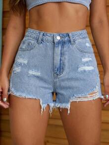 Jeanoix Plus Size Women Distressed Pocket Frayed Hem Casual Denim Shorts Distressed Denim Shorts Ripped Jean Shorts - Blue - View 5