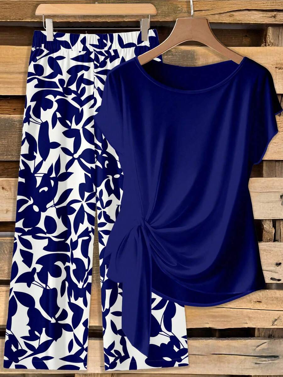 EMERY ROSE Plus Size Women 2-Piece Set: Solid Color Short Sleeve Top And Botanical Print Wide Leg Pants, Vacation Outfit - Multicolor - View 1