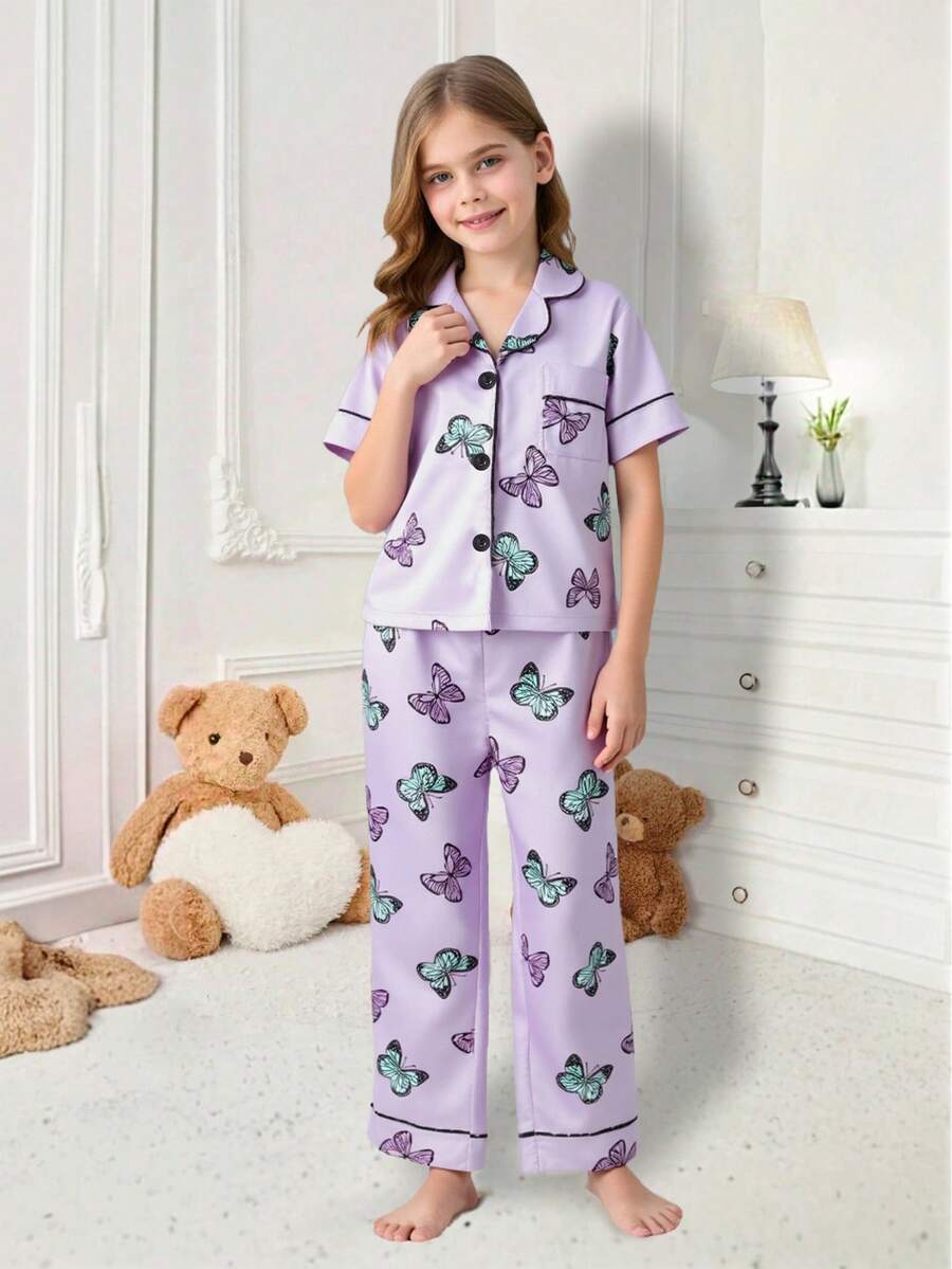 少女蝴蝶印花家居服套装，适合大假期旅行休闲夏装 - 淡紫色 - 查看 1