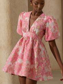 BELROSIE Delicate Organza Jacquard Floral Deep V-Neck Waist Gathered Petal Sleeve A-Line Dress For Women - Baby Pink - View 6