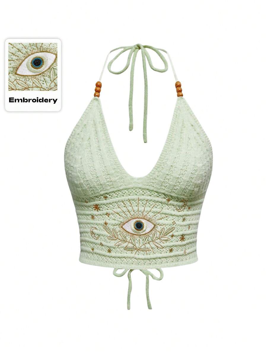 ROMWE Country Spring / Summer Boho Summer Women Hippie Vacation Mint Green Knit Top With Eye, Moon And Star Embroidery Beaded Top - Mint Green - View 1