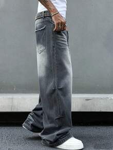 Manfinity EMRG Plus Size Men's Fashionable Cat Whisker Pleated Pocket Denim Jeans - Grey - View 7