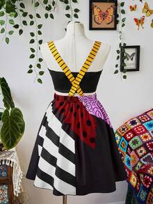Sunspun 大码女装夏季时尚度假风拼接印花交叉露背吊带连衣裙 - 彩色 - 查看 2
