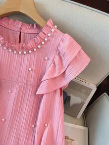 GlowEve CURVE Plus Size Women's Ruffled Collar Pearl Beaded Double-Layer Cap Sleeve Loose Dress, Textured Elegant Sweet Dress For Spring/Summer - Dusty Pink - View 4