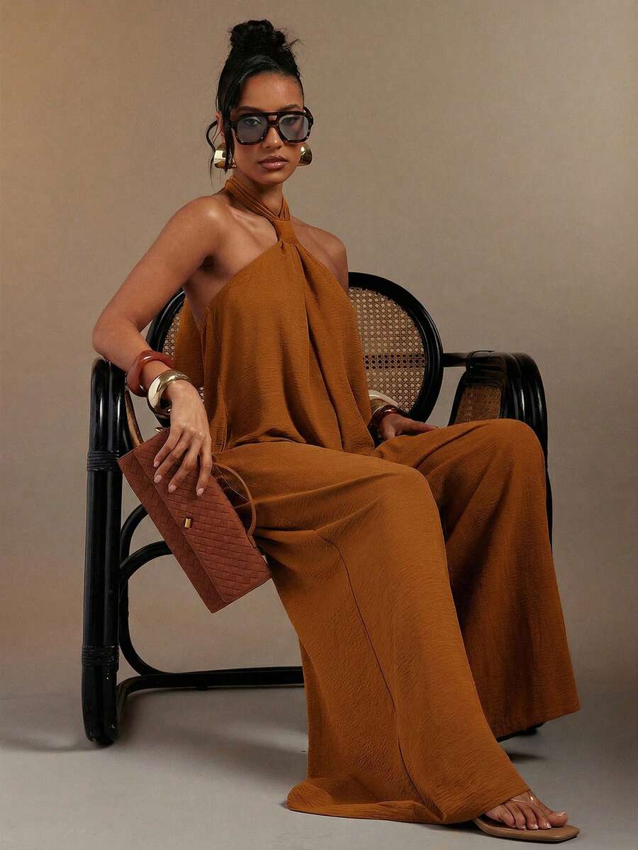 Hauture Women's Sexy Solid Color Backless Halter Neck Loose Jumpsuit - Rust Brown - View 1