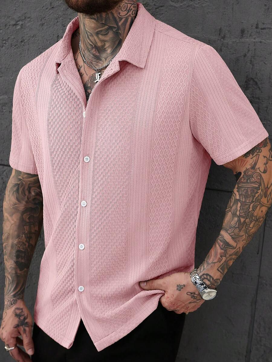 SLATEMANN Plus Size Men's Solid Color Textured Jacquard Short Sleeve Shirt - Pink - View 1