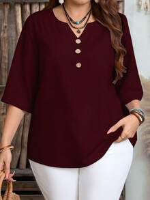 EMERY ROSE Plus Size Women Casual Solid Color Button Design Shirt, Suitable For Summer - Burgundy - View 1