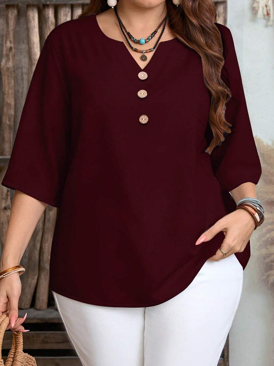 EMERY ROSE Plus Size Women Casual Solid Color Button Design Shirt, Suitable For Summer - Burgundy - View 1