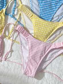 Swim Shayni Bộ bikini 6 món mùa hè dành cho nữ, họa tiết kẻ caro, xếp ly, buộc dây cổ, kèm quần lót tam giác. - Nhiều màu - Xem 5