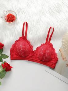 SHEIN 1pc Lace Wireless Bra For Women - Red - View 7