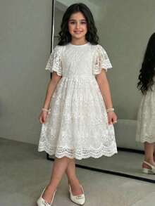 SHEIN Tween Girl Rund Halsad Spets Patchwork Söt & Elegant Klänning - Vitt - Visa 4