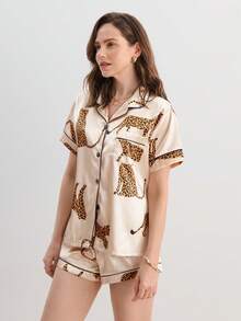 Hourtrue Bộ đồ ngủ lụa in họa tiết động vật báo - Rượu sâm banh - Xem 7