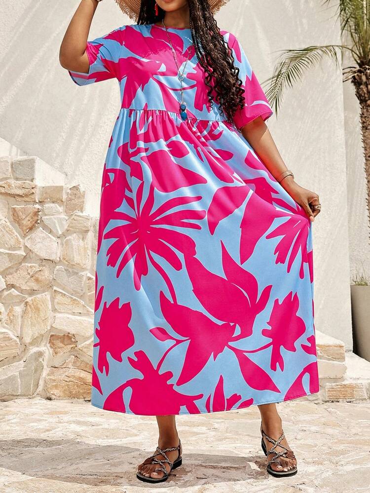 Plus Size Short Sleeve Waist Pleated Side Pockets Floral Print Loose Dress, Suitable For Spring/Summer Music Festival Bohemian Style