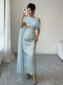 Elenzga Đầm maxi nữ mùa hè bán chạy nhất với chất liệu jacquard vàng óng ánh, kiểu dáng thanh lịch, kết hợp cùng khăn choàng chiffon, thích hợp cho các buổi tiệc, mua sắm, sự kiện và nhiều dịp khác. - Màu xanh lam - Xem 6