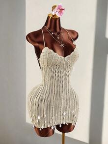 Amplova Đầm ngắn hở lưng kiểu corset hình vỏ sò dành cho nữ, gợi cảm và phá cách, thích hợp cho trang phục đi nghỉ mát. - màu nâu - Xem 4