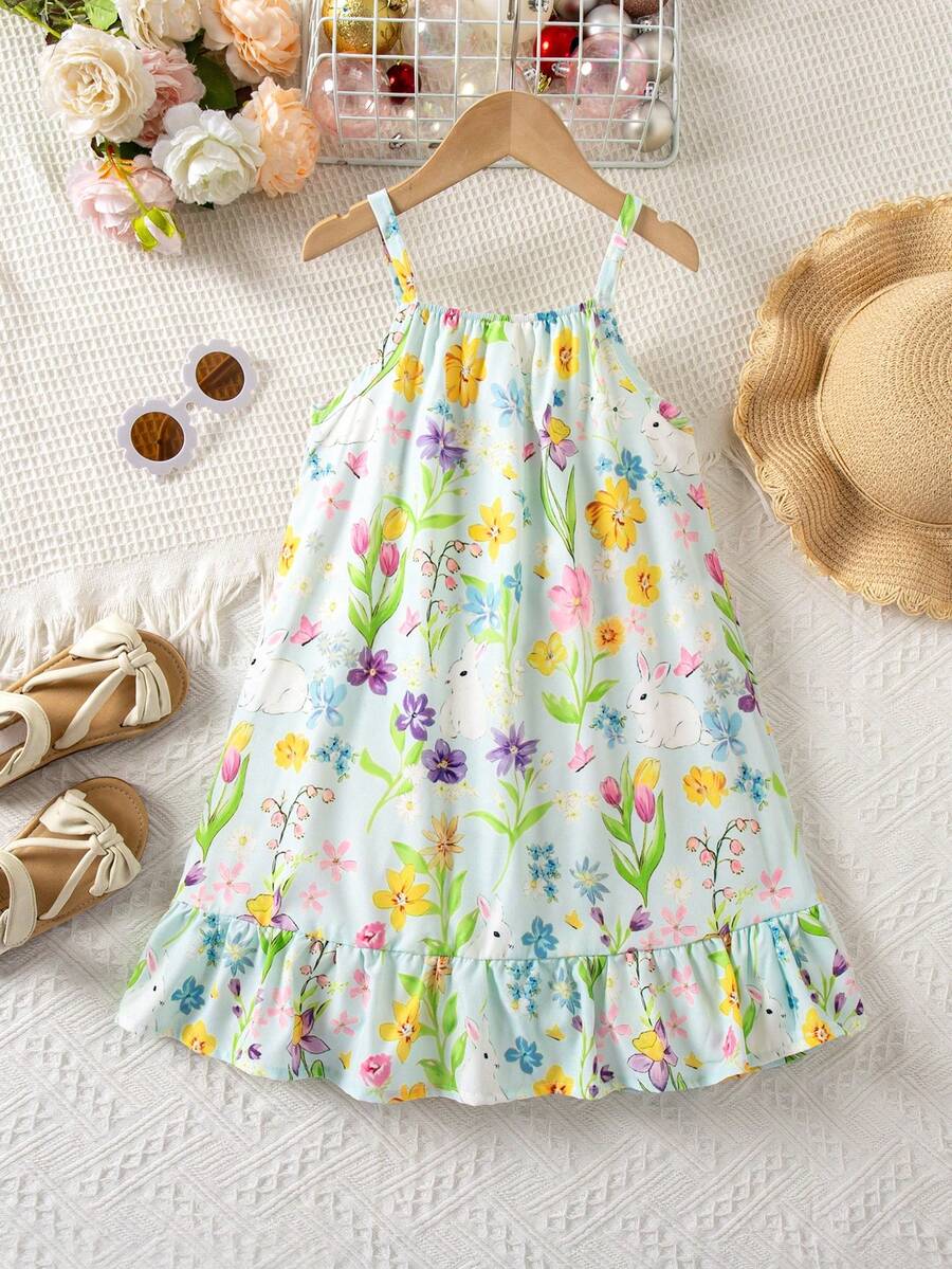 SHEIN Playful Pals 小女孩可爱兔子和花朵印花荷叶边吊带连衣裙，适合夏季度假