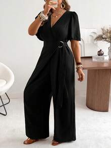 Ceyna Plus Size Woven Cross Collar Black Ruffle Short Sleeve Straight Leg Jumpsuit With Double D-Ring Waist Decor Brunch Summer Elegant Smart Party Night - Black - View 4