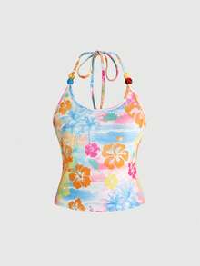 ROMWE Avant Y2K Cute Baddie Island Vacation Goldfish Graffiti Print Halter Top For Women - Multicolor - View 5
