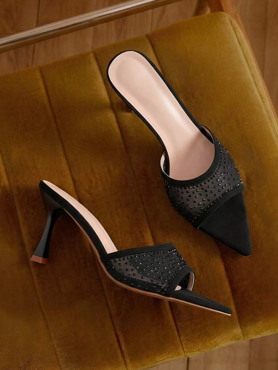 Eladyva Sandalias de tacón alto con decoración de cristales para mujer, puntera afilada, atractivas para fiesta/boda, verano, tacones transparentes de malla con cristales negros