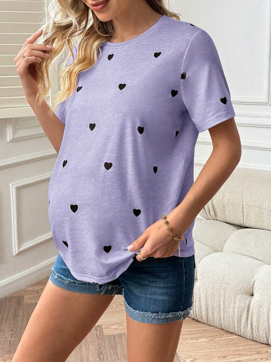 GentleRue Maternity Áo thun cổ tròn in hình trái tim, kiểu dáng giản dị, đa năng, thích hợp mặc hàng ngày cho phụ nữ mang thai. - Màu tím hoa cà - Xem 1