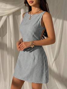 SHEIN EZwear 女士条纹编织系带时尚连衣裙，适合海滩度假 - 黑色 - 查看 4