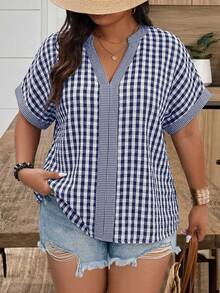 Weeklong Plus Size Women's V-Neck Plaid Patchwork Casual Shirt, Spring/Summer - Navy Blue - View 6