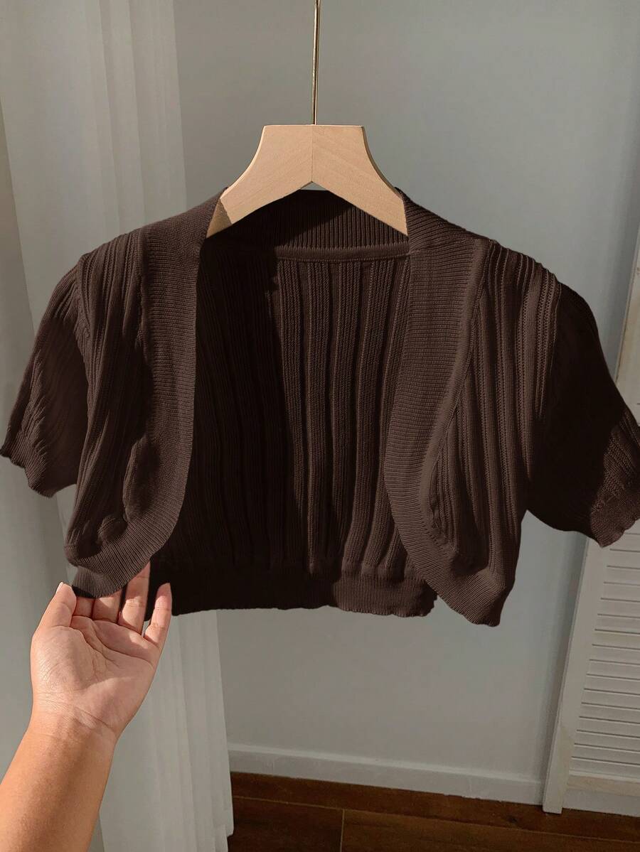 SHEIN EZwear Cardigan Rajut Lengan Pendek Cokelat Kasual Lucu untuk Wanita, Musim Semi/Panas - Coklat - View 1