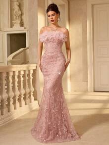 Coutiva Women's Strapless Pearl 3D Floral Fitted Evening Gown,Elegant Pink Sequin Mermaid Formal Dress For Wedding,Gala,Birthday Party & Graduation Ceremony - Pink - View 13