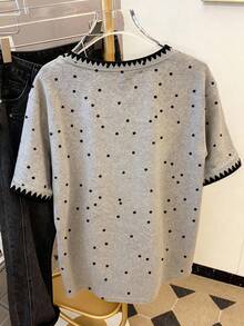 Resyla Polka Dot Print Fashion Shell Embroidery Design Minimalist Women's Regular Short Sleeve Round Neck T-Shirt, Gift For Friends - Light Grey - View 2