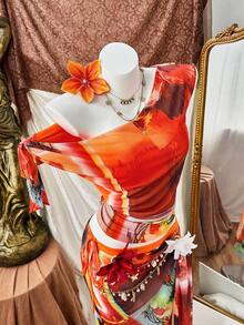 SHEIN Sweetro Bộ đồ hai mảnh cỡ lớn gồm áo yếm và chân váy thắt nút hoa, kiểu dáng thời trang đi biển cho mùa xuân/hè. - trái cam - Xem 7