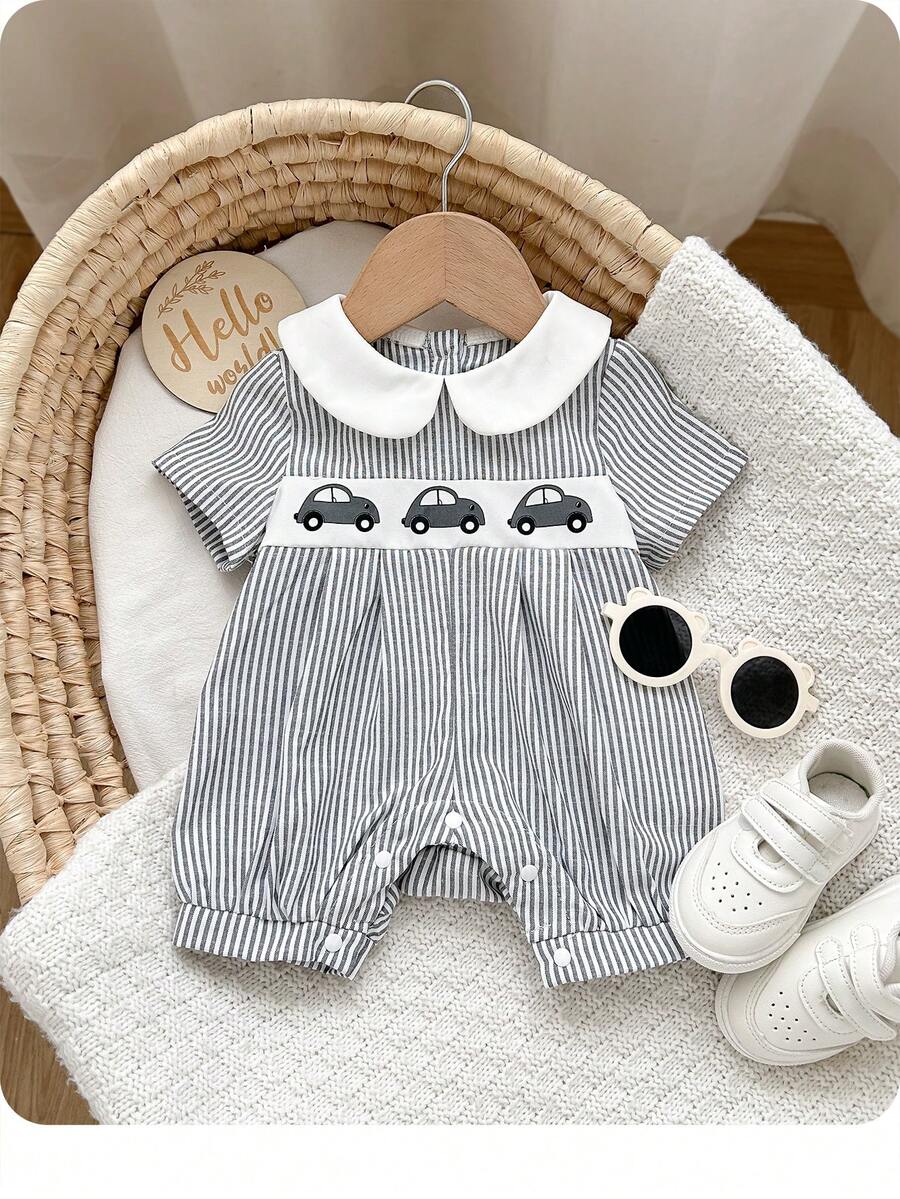 Baju Terusan Bayi Motif Mobil Kartun dengan Kerah dan Celana Pendek untuk Anak Laki-laki, Perempuan, dan Laki-laki (Unisex) dengan Motif Mobil dan Garis-garis. - Hijau - View 1