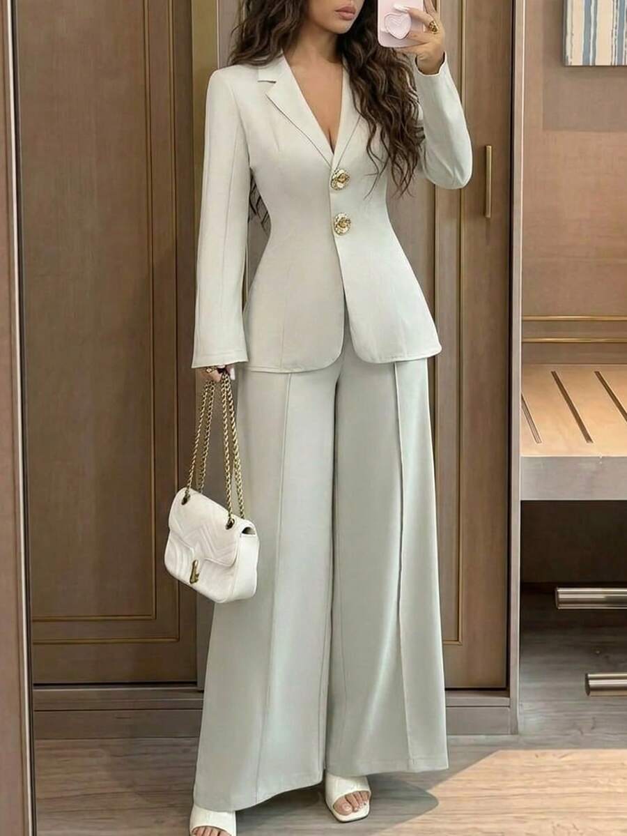Modelyn Setelan Jas Logam Vintage Elegan yang Mengencangkan Pinggang, Pakaian Serbaguna Profesional dan Canggih untuk Komuter.