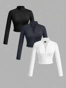 Slaydiva Bộ 3 áo thun nữ tay dài cổ chữ V, khóa kéo, kiểu dáng đơn giản, năng động, thích hợp cho mùa thu/đông, màu trắng + đen + xám. - trắng - Xem 3