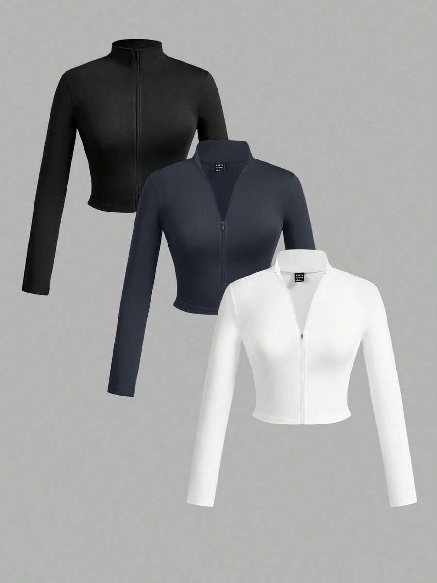 Slaydiva Bộ 3 áo thun nữ tay dài cổ chữ V, khóa kéo, kiểu dáng đơn giản, năng động, thích hợp cho mùa thu/đông, màu trắng + đen + xám. - trắng - Xem 1