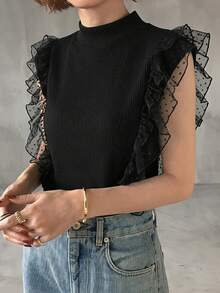 FRIFUL Camiseta sin mangas de mujer con cuello alto acanalado, con volantes de malla y diseño de capa - Negro - Ver 5