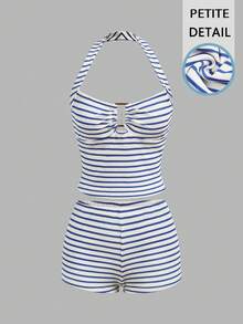 SHEIN PETITE Petite Women's Striped Waffle Knit 2 Pieces Set, Suitable For Spring/Summer Vacation, Beach - Blue and White - View 5