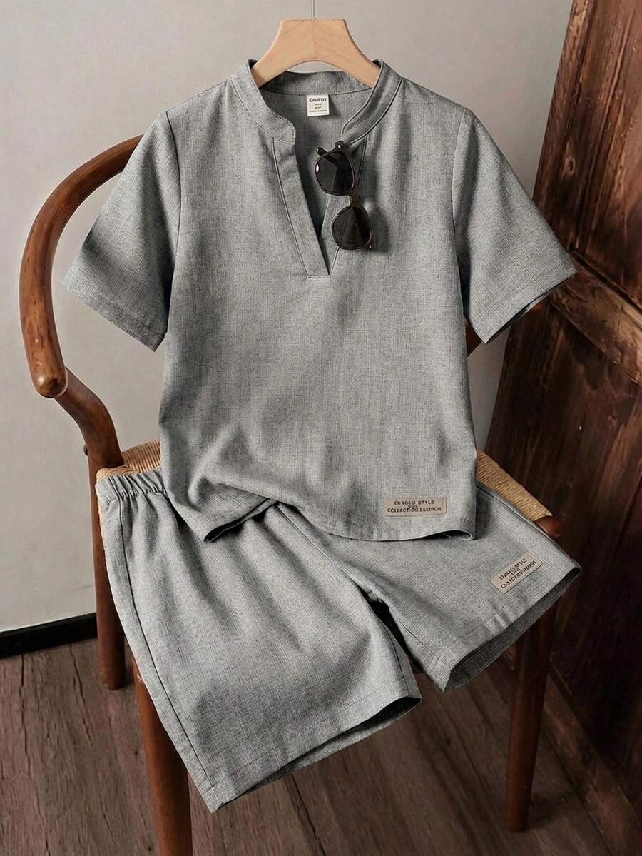 SHEIN 儿童男童休闲V领短袖衬衫和短裤两件套 - 灰色 - 查看 1