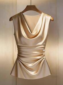 GlowEve Blusa elegante y de lujo de nueva llegada para mujer, con diseño de cuello fruncido, acabado brillante y versátil, adecuada para el uso diario y eventos de vacaciones - Champán - Ver 3