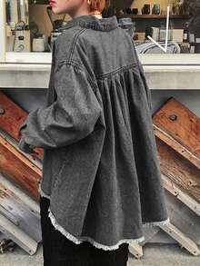 FRIFUL Women's Drop Shoulder Long Sleeve Single-Breasted Frayed Hem Loose Denim Jacket - Dark Grey - View 6