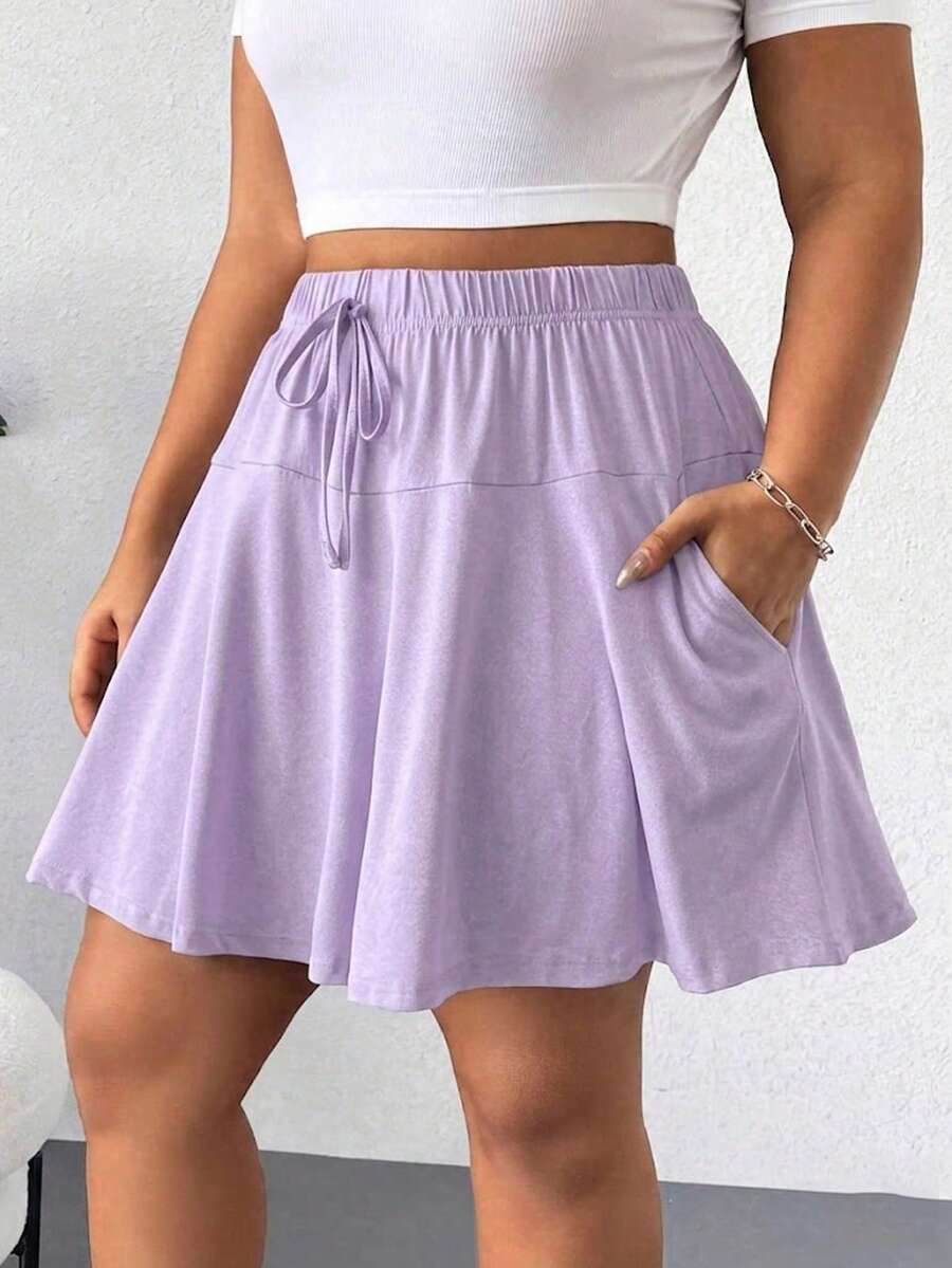 Elenzga Women Plus Size Solid Color Casual Shorts, Suitable For Summer - Purple - View 1