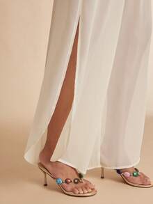 Silquee Women's Cream White Wide-Leg Pants,Stretch Waist Flowy Casual Summer Euro Beach Holiday Vacation Sets,Elegant Solid Color Two-Piece Pants For Spring - Apricot - View 8