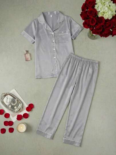 Conjunto de pijama de satén con contrastante, ropa de otoño cálida y elegante, invierno y verano, camiseta y pantalon comodos y suaves