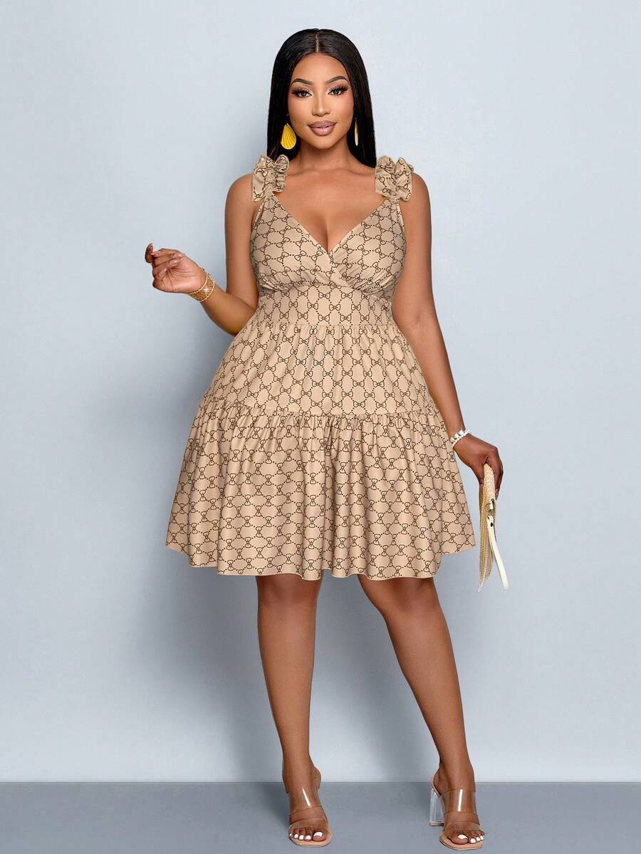 SOLERSUN Plus-Size Women's Beige Summer Tropical Tea Party Dress, V-Neck Floral Print Ruffle Layered Suspender Mini Dress,Loose Casual Resort Style Outfit - Khaki - View 1