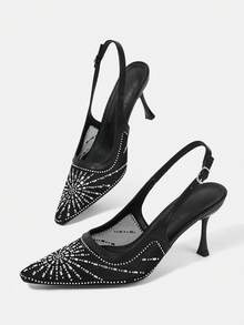 CUCCOO HITCHD Zapatos de vestir de tacón alto con correa de tobillo, decoración de malla y rhinestones, punta cuadrada, para mujer, nuevos para primavera/verano. Zapatos formales elegantes y románticos de color negro para boda, Día de San Valentín - Negro - Ver 2