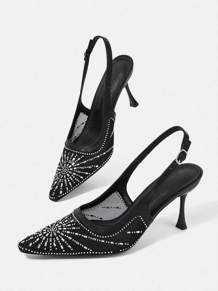 CUCCOO HITCHD Women's Spring/Summer New Mesh & Rhinestone Decor Square Toe Ankle Strap High Heel Dress Shoes, Romantic Elegant Black Formal Shoes For Wedding, Valentine's Day