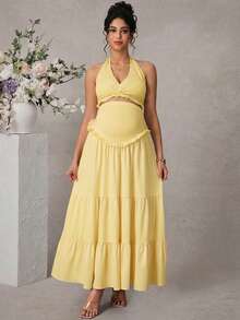 Momance Women Solid Color Twist Knot Halter Top & Tiered Maxi Dress 2-Piece Set,Yellow,Summer,Casual,Maternity,Photoshoot,Holiday Elegant Pregnancy Clothing - Yellow - View 3